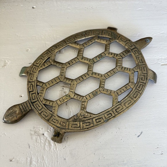 Vintage Brass Turtle Trivet Footed Pot Stand Mid Century Greek Key 10” - Picture 1 of 8